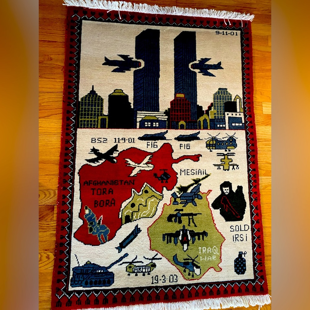 9/11 & IRAQ WAR FOLK ART AFGHANISTAN HANDWOVEN RUG